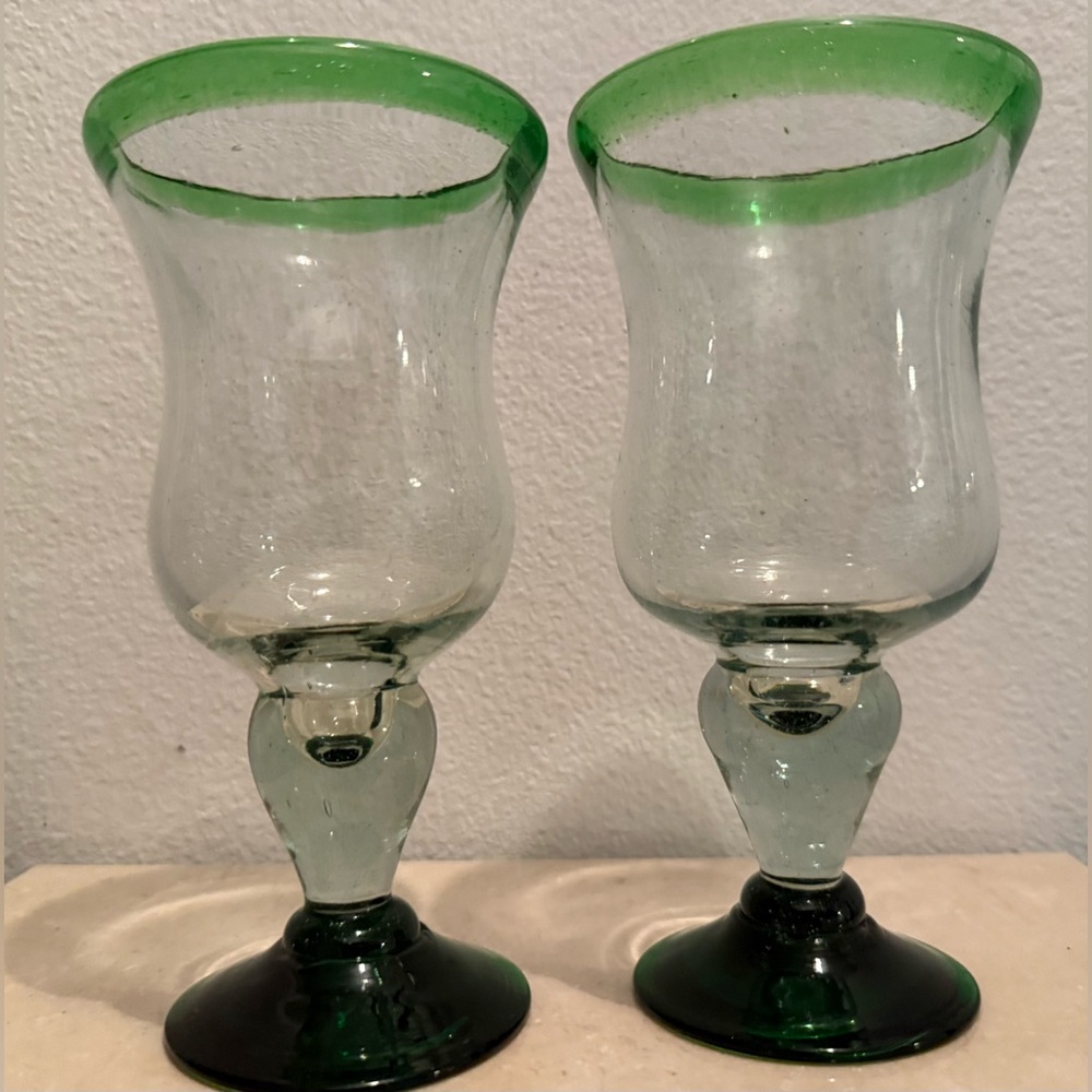 Handblown, recycled, green glass goblets. Approximately 7”H
